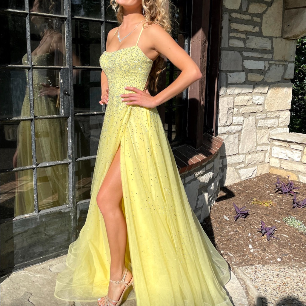 Stunning Light Yellow Slit Prom Dress! By Lafemme
